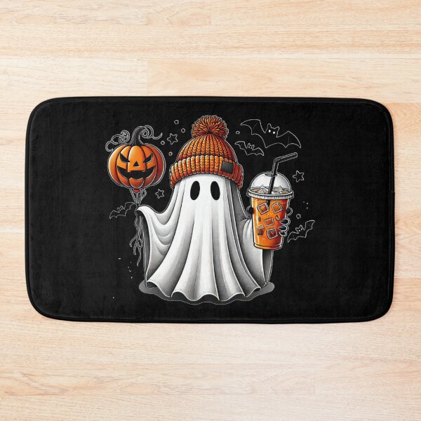 Item preview, Cute ghost in an orange winter hat holding drink with pumpkin balloon and bats for dark background designed and sold by Visual Arts Dominika Cybuch.
