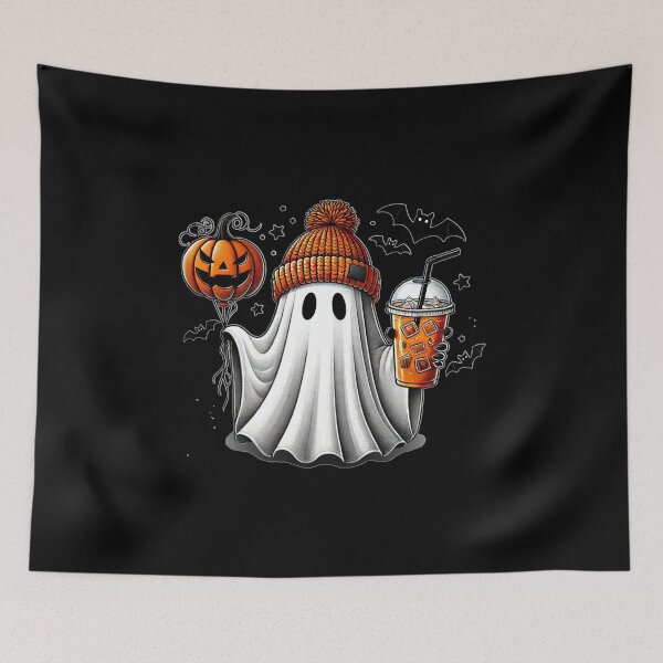 Item preview, Cute ghost in an orange winter hat holding drink with pumpkin balloon and bats for dark background designed and sold by Visual Arts Dominika Cybuch.