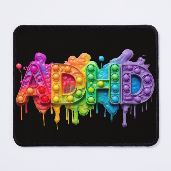 Item preview, The inscription: "ADHD" made of pop up toy and runny paint in rainbow, bright colors on a black background. designed and sold by My-fake-places.
