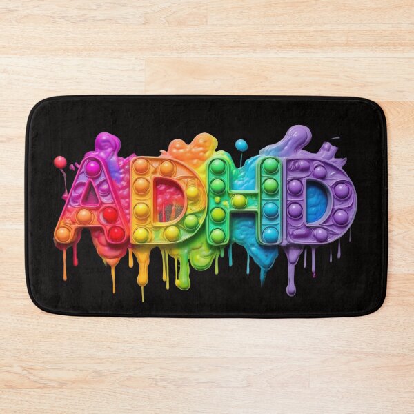 Item preview, The inscription: "ADHD" made of pop up toy and runny paint in rainbow, bright colors on a black background. designed and sold by My-fake-places.