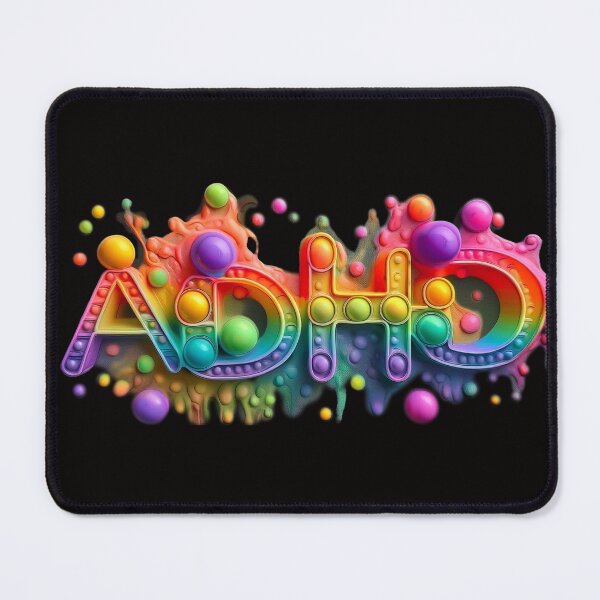 Item preview, The inscription: "ADHD" made of pop up toy and runny paint in rainbow, bright colors on a black background. designed and sold by My-fake-places.