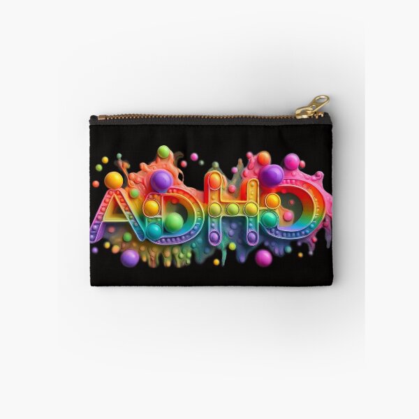 Item preview, The inscription: "ADHD" made of pop up toy and runny paint in rainbow, bright colors on a black background. designed and sold by My-fake-places.