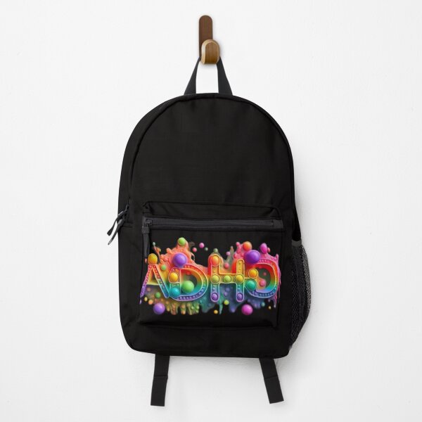 Item preview, The inscription: "ADHD" made of pop up toy and runny paint in rainbow, bright colors on a black background. designed and sold by My-fake-places.