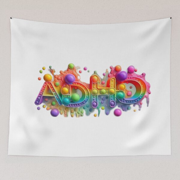 Item preview, The inscription: "ADHD" made of pop up toy and runny paint in rainbow, bright colors on a white background. designed and sold by My-fake-places.