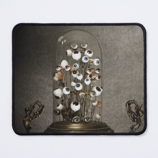 Item preview, Antique blown glass doll eyes, inside a glass bell, on a metal table designed and sold by Cinzia Murgia.