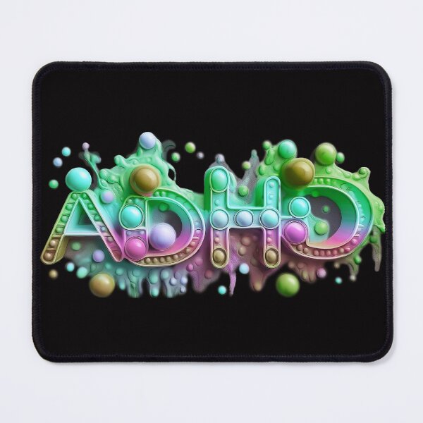 Item preview, The inscription: "ADHD" made of pop up toy and runny paint in rainbow, pastel colors on a black background.6 designed and sold by My-fake-places.