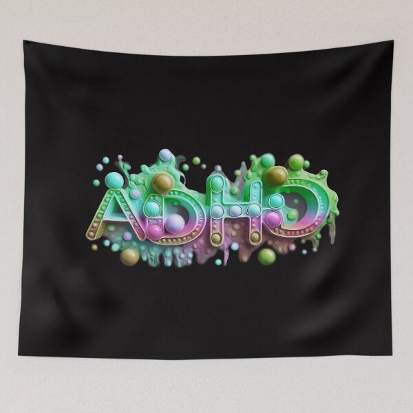 Item preview, The inscription: "ADHD" made of pop up toy and runny paint in rainbow, pastel colors on a black background.6 designed and sold by My-fake-places.