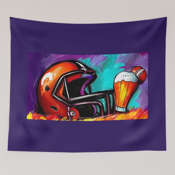 Item preview, American Football Helmet with Foamy Beer - Vibrant Sports Art with Energetic Purple, Blue, Yellow Generative AI designed and sold by OlfactoART Studio.