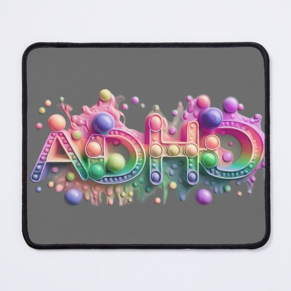 Item preview, The inscription: "ADHD" made of pop up toy and runny paint in rainbow, pastel colors on a grey background.4 designed and sold by My-fake-places.