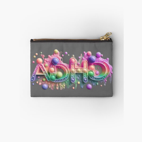 Item preview, The inscription: "ADHD" made of pop up toy and runny paint in rainbow, pastel colors on a grey background.4 designed and sold by My-fake-places.
