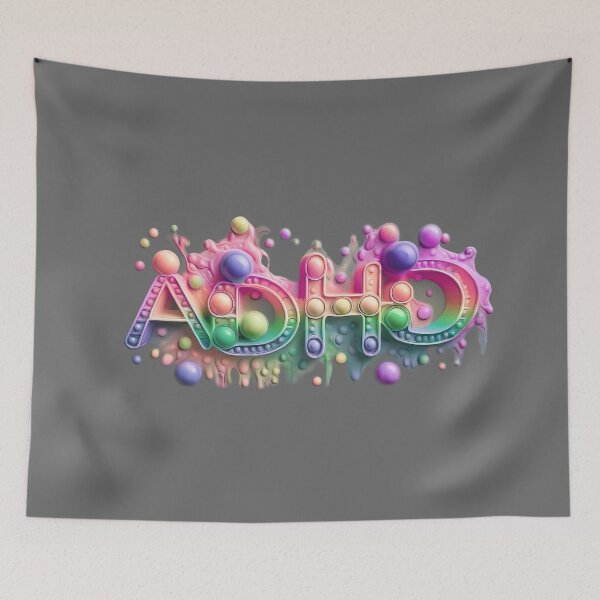 Item preview, The inscription: "ADHD" made of pop up toy and runny paint in rainbow, pastel colors on a grey background.4 designed and sold by My-fake-places.