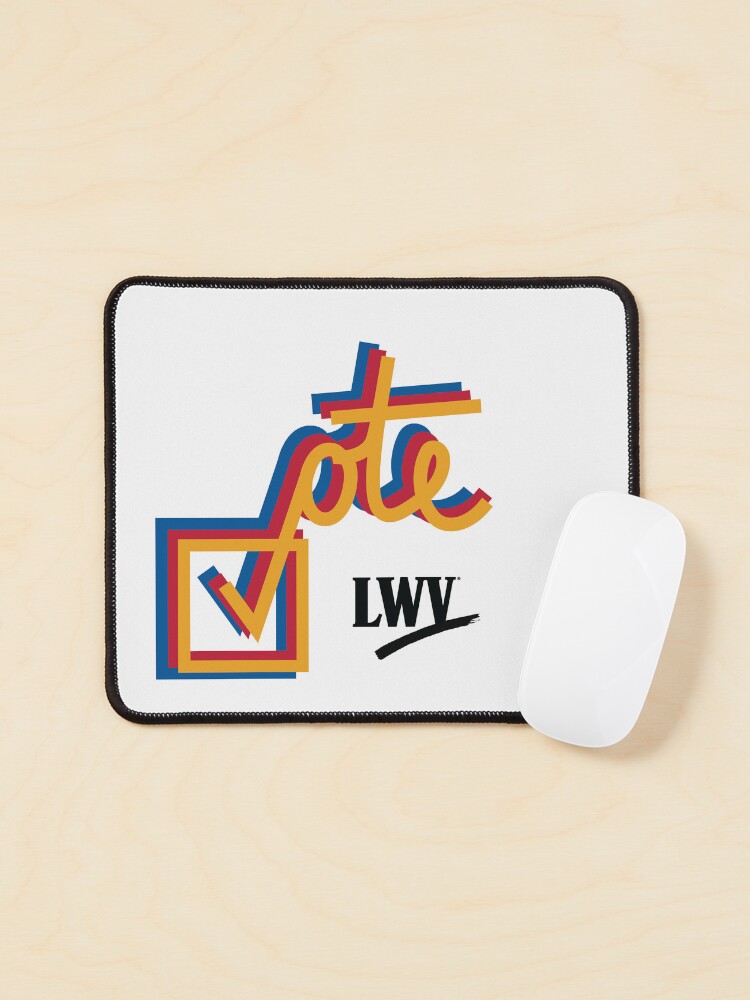 Thumbnail 1 of 5, Mouse Pad, VOTE checkmark: yellow, red, blue designed and sold by LWVKC.