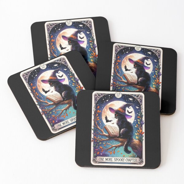 Item preview, One More Spooky Chapter Cat with Witch Hat and Book Under Full Moon Tarot Card designed and sold by Margival.