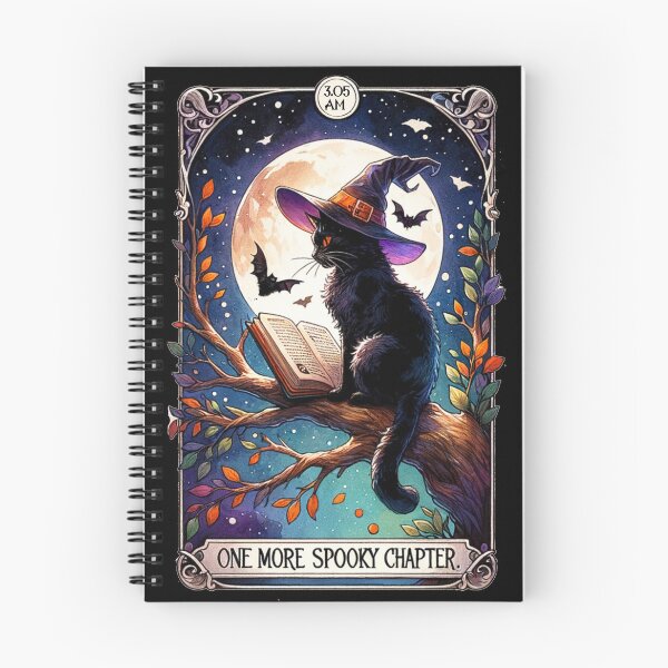 Item preview, One More Spooky Chapter Cat with Witch Hat and Book Under Full Moon Tarot Card designed and sold by Margival.