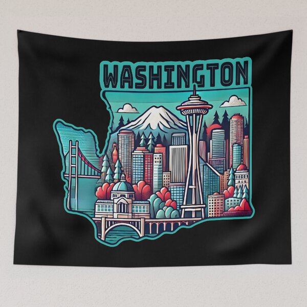 Item preview, Washington State Map USA Skyline and Landmarks Illustration- travel souvenir art designed and sold by Unitepeople.