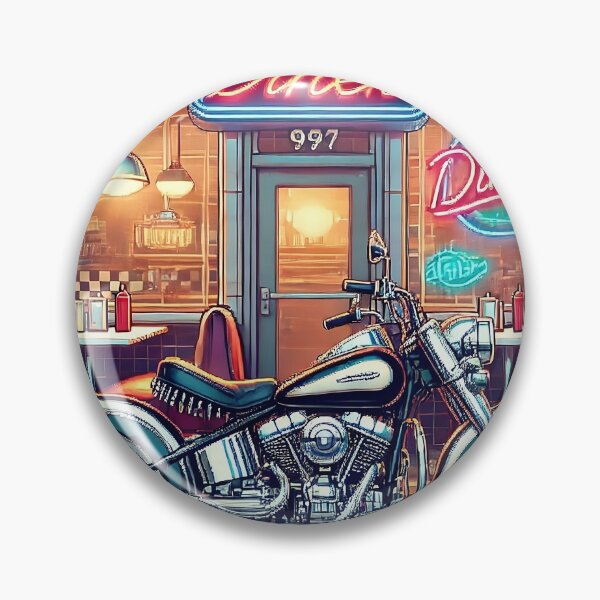 Aperçu de l'œuvre Moto rétro garée devant un restaurant éclairé au néon créée et vendue par RabbitDesign777.