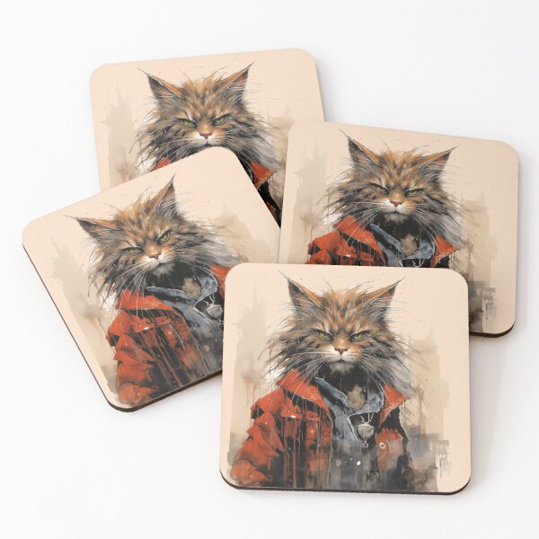 Item preview, Grumpy fluffy dirty brown cat in red jacket designed and sold by OdinsBigBeard.