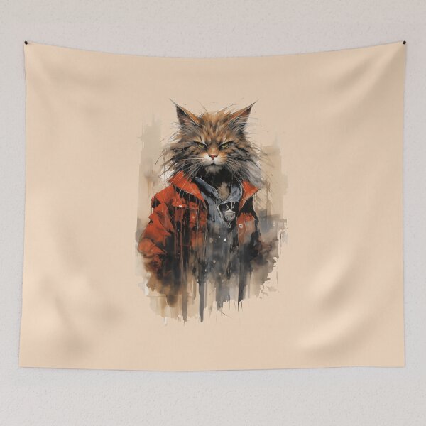Item preview, Grumpy fluffy dirty brown cat in red jacket designed and sold by OdinsBigBeard.