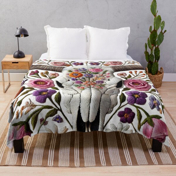 Item preview, Boho Western Cow Skull Shirt – Embroider cow skull adorned with flowers designed and sold by Scenic.