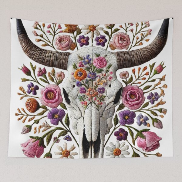 Item preview, Boho Western Cow Skull Shirt – Embroider cow skull adorned with flowers designed and sold by Scenic.