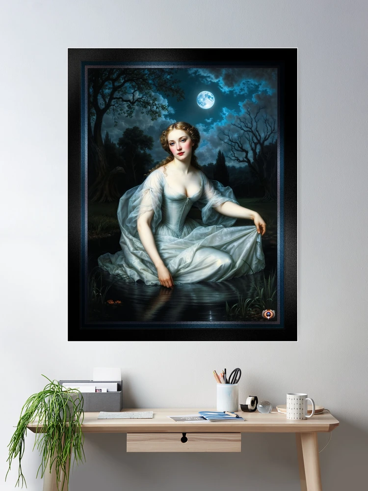 An Enchanting Moonlit Woman Kneeling In Ethereal Tranquil Waters AI Concept Art by Xzendor7 - Her Beauty Forever Captured 2 An Enchanting Moonlit Woman Kneeling In Ethereal Tranquil Waters Mesmerizing AI Concept Art by Xzendor7 Wall Decor Poster Art Print