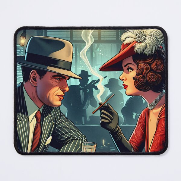 Item preview, GTA Inspired Comical Cartoon of The Secret Meeting in a Smoke Filled Speakeasy Mobster in Pinstripe Suit and Glamorous Lady in Red Dress, Vintage Jazz Ambiance designed and sold by Bored Elon.