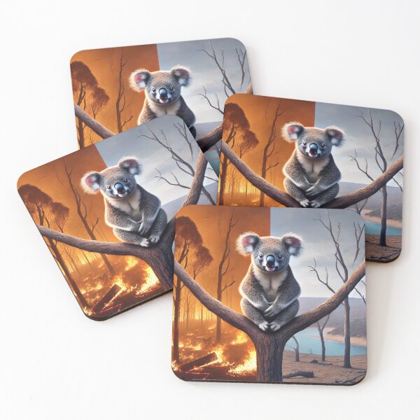 Item preview, Worried koala on a tree between wildfire and dry landscape designed and sold by Koalangel.