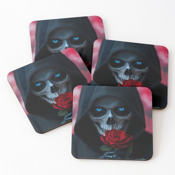 Artikelvorschau, Ultrarealistisches Skelett mit blauen Augen und roter Rose - Gothic Fashion Art entworfen und verkauft von Soul-Sparks.