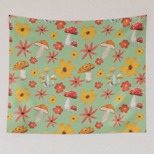 Item preview, Hongos otoñales y flores verdes designed and sold by HematiteDesign.