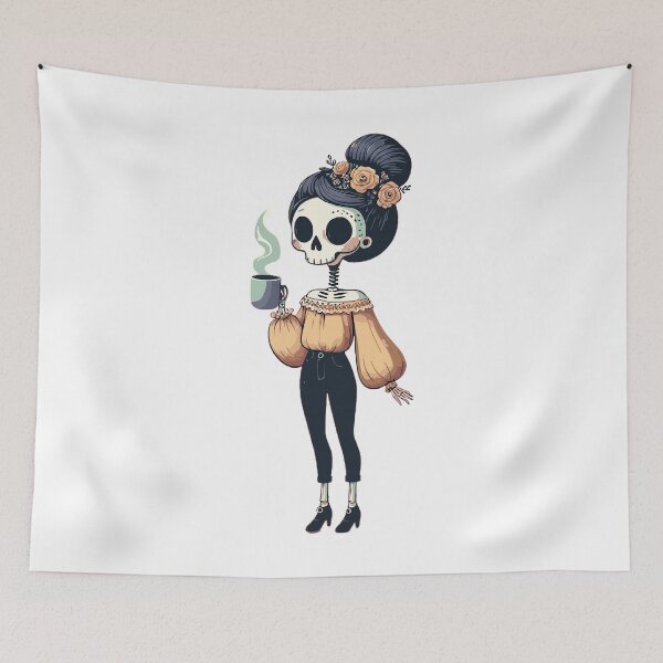 Item preview, Skeleton in a Bardot Top Enjoying Warm Coffee in Cozy Autumn designed and sold by Tw1nsAIArt.