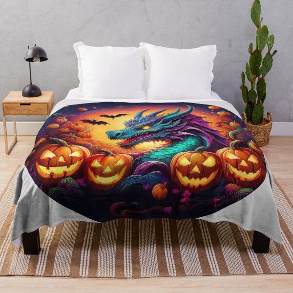 Item preview, Picture of a Halloween Scene with Scarey Dragon Pumpkins and Bats for the spooky season designed and sold by Grang Art Artistic Designs.