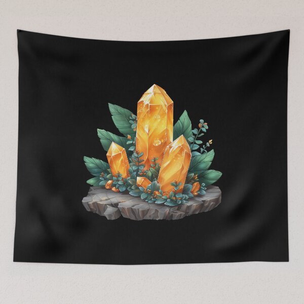 Item preview, Yellow Citrine Gemstone Crystal with Green Leaves Illustration designed and sold by meganohm.