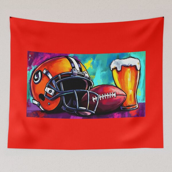 Item preview, Football Helmet and Red Football with Beer - Vibrant Sports Art with Colorful Background Splashes designed and sold by OlfactoART Studio.