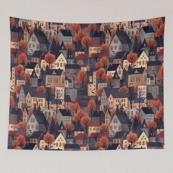 Item preview, Halloween Town, Fall Village with Autumn Trees, Houses, Bats designed and sold by artofclaire.
