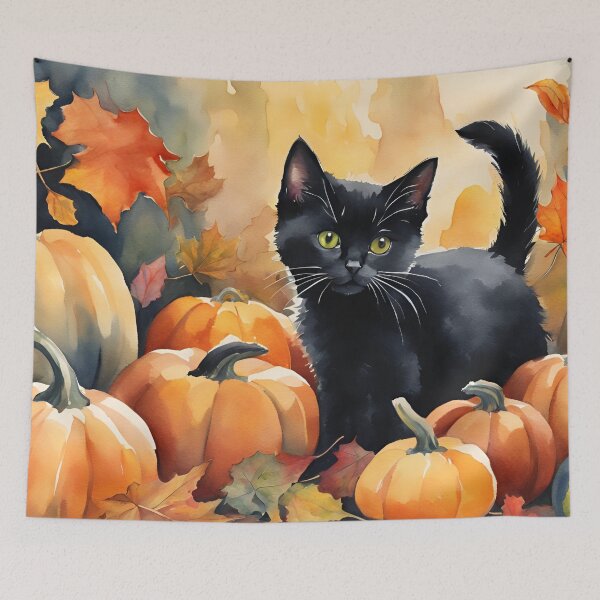 Item preview, Black Kitten in the Pumpkins designed and sold by StoryofPieces.