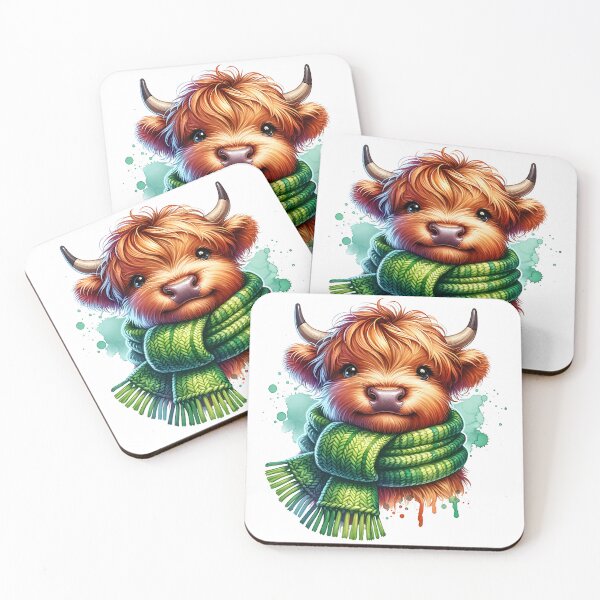 Item preview, Highland cow wearing green knitted scarf  designed and sold by humairadesigns1.