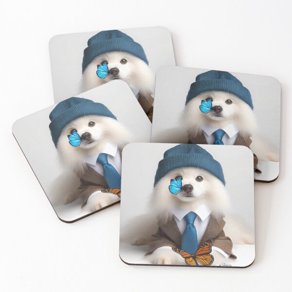Item preview, Cute white American Eskimo Samoyed Puppy Dog dressed as cool hipster saving Butterflies designed and sold by Yogibear & Rachelle .