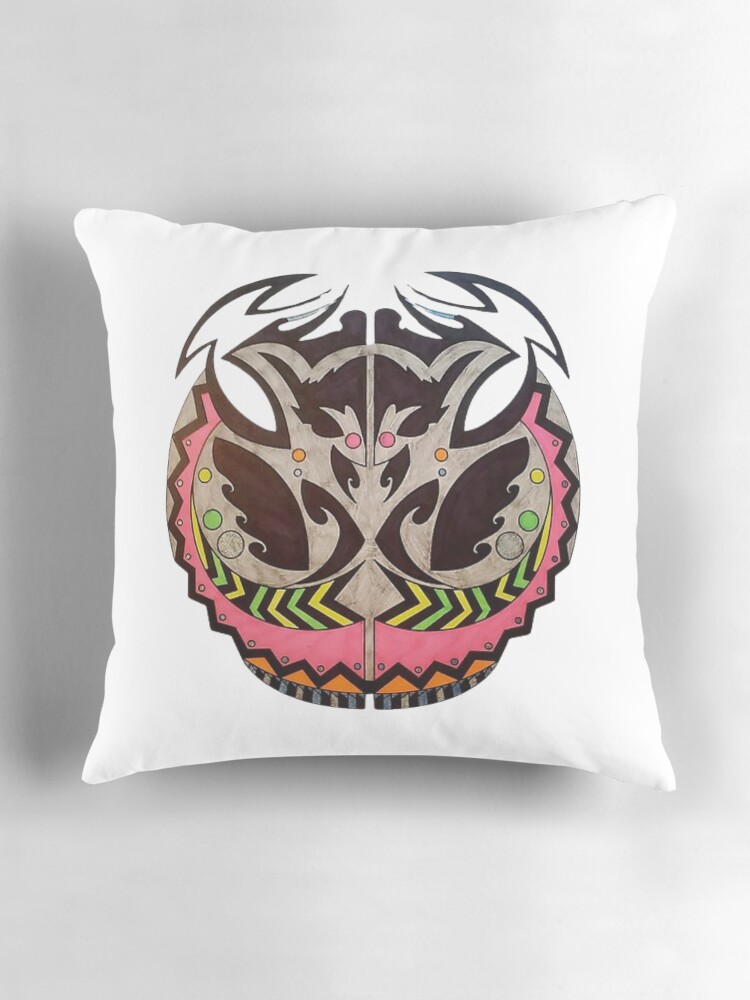 Thumbnail 3 of 4, Pillow, "Vibrant Tribal Mask Design: Bold Abstract Art" designed and sold by Cracker3.