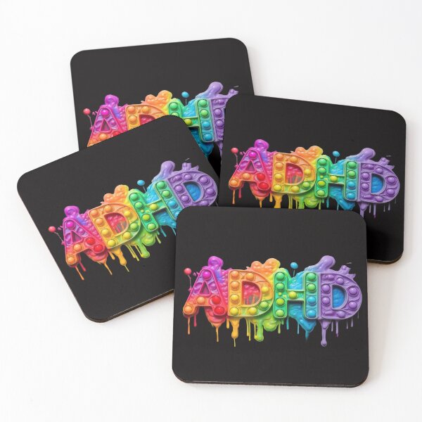Item preview, The inscription: "ADHD" made of pop up toy and runny paint in rainbow, bright colors on a black background. designed and sold by My-fake-places.