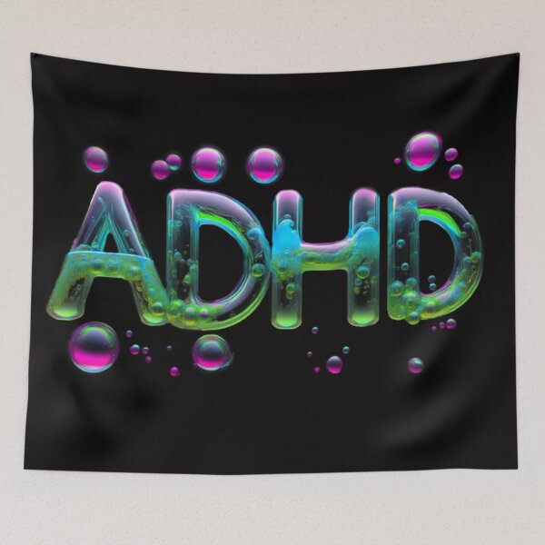 Item preview, The inscription "ADHD" on a black background -gel, colored bubbles- blue, green, magenta. designed and sold by My-fake-places.