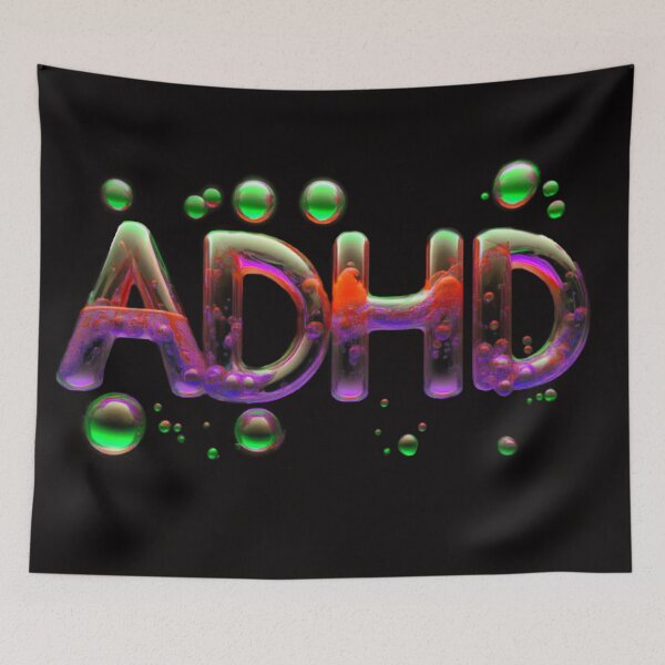 Item preview, The inscription "ADHD" on a black background -gel, colored bubbles- orange, green, magenta. designed and sold by My-fake-places.