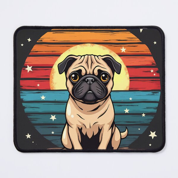 Artikelvorschau, Cartoon Mops Retro Vintage Sonnenuntergang entworfen und verkauft von Lisa Pearlman.