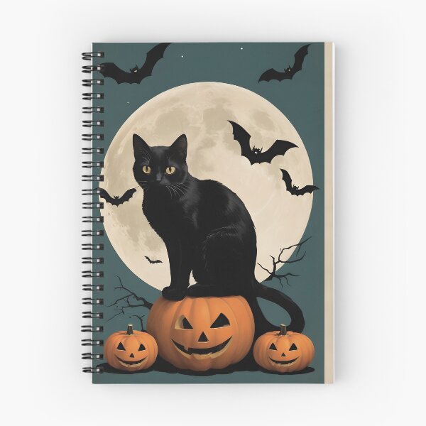 Item preview, Vintage Halloween: Black Cat Sitting on a Pumpkin with Full Moon and Flying Bats designed and sold by creativaimages.