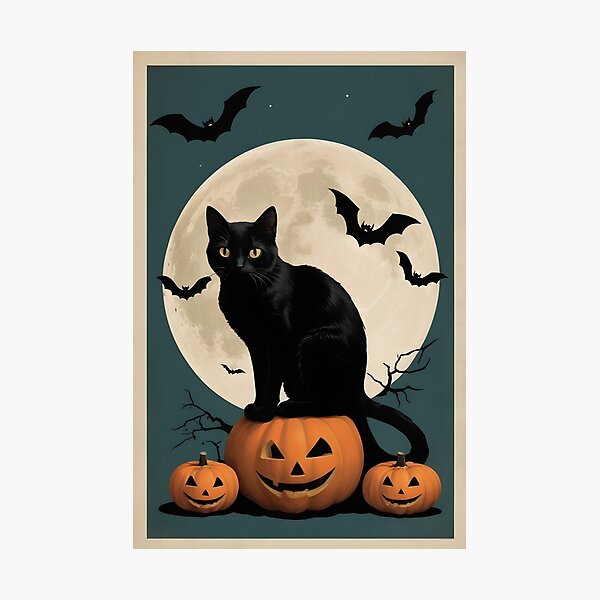 Item preview, Vintage Halloween: Black Cat Sitting on a Pumpkin with Full Moon and Flying Bats designed and sold by creativaimages.