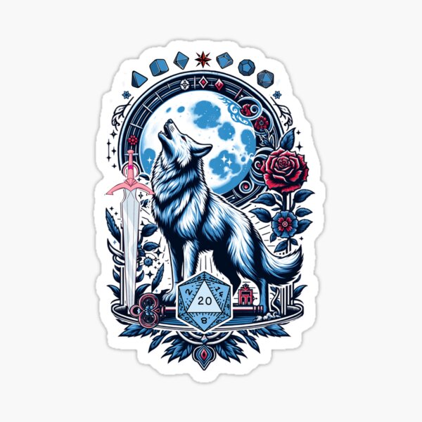 Vista previa del artículo con la obra «DND WOLF DICE: Aullando a la luna, espada, llave y rosa.», diseñado y vendido por DungeonAtelier.