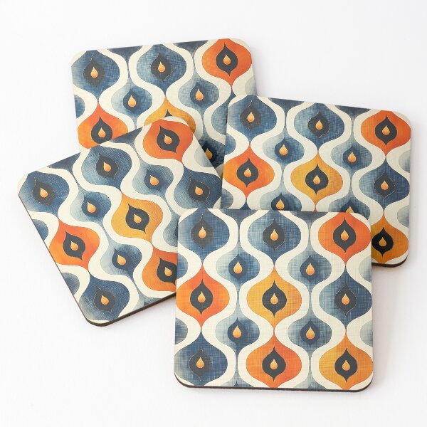 Item preview, An orange, blue, and navy-colored retro pattern Design with large teardrop shapes in the style of vintage fabric. designed and sold by HEMRO.