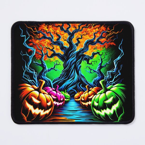 Item preview, Neon Pumpkins and Twisted Oak Tree – Psychedelic Halloween Landscape designed and sold by SeGoArtDesign.