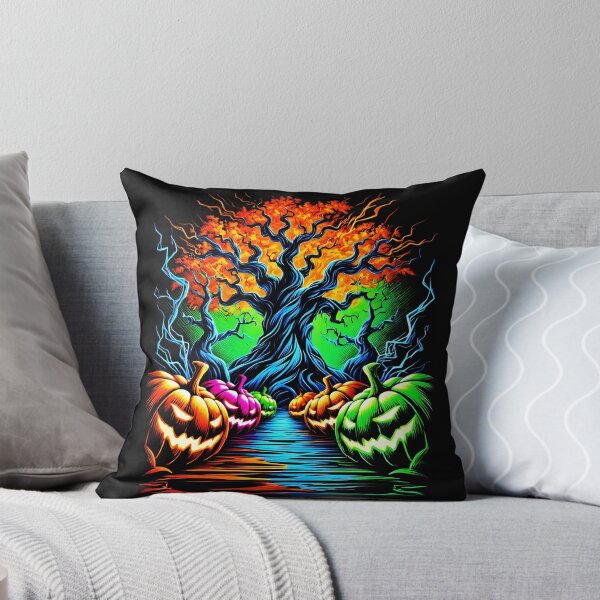 Item preview, Neon Pumpkins and Twisted Oak Tree – Psychedelic Halloween Landscape designed and sold by SeGoArtDesign.