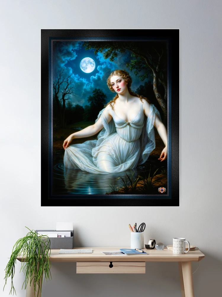 Moonlit Maiden Under An Ethereal Full Moon AI Concept Art by Xzendor7 - A Beauty Of The Night 2 Moonlit Maiden Under An Ethereal Full Moon Mesmerizing AI Concept Art by Xzendor7 Room Decor Poster Art Print