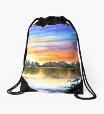 Colourful Morning Sunrise on the Lake with Heron Drawstring Bag
